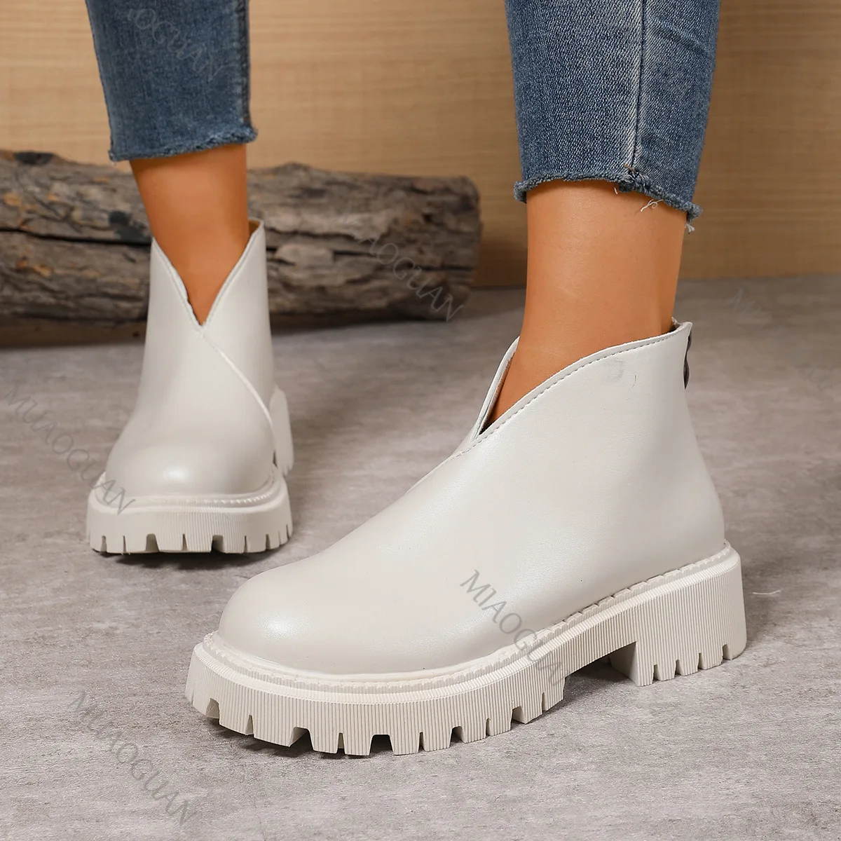 2025 Autumn New Thick Sole Ankle Boots for Women Chunky High Heel Back Zipper Short Botines Casual Solid Round Toe Women Shoes