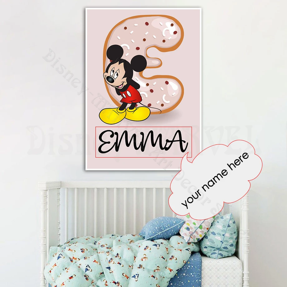 Disney Canvas Painting Personalized Name Customization Wall Art Minnie and Mickey Cartoon Pictures Gift for Kids Room Wall Decor