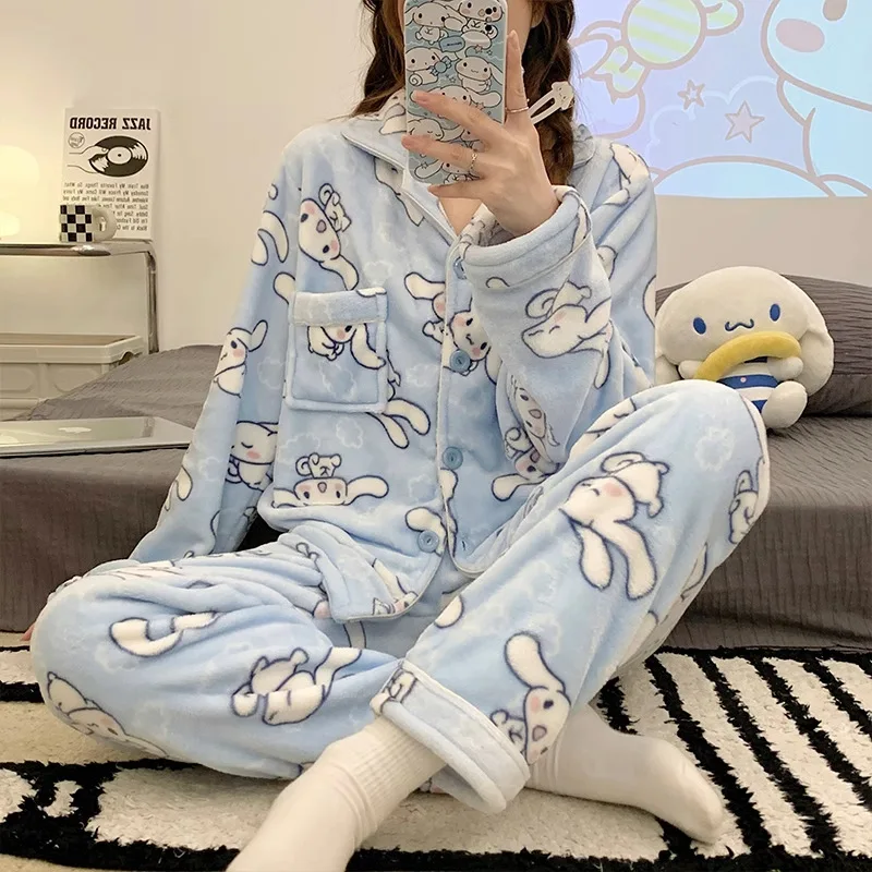 

Sanrios Kuromi Women's Flannel Pajamas Set Thicken Autumn Winter Warm Cartoon Cinnamoroll Girls Korean Style Casual Home Clothes