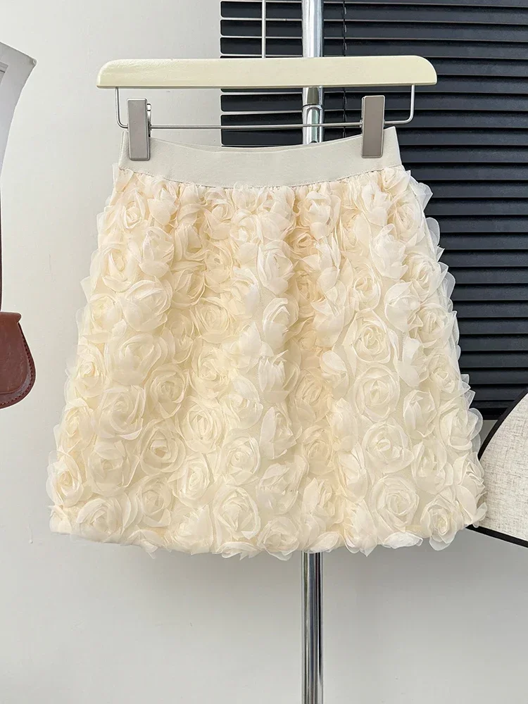 

Rose Tulle Skirt Women Teen-girl High Waist A-Line Flower Mesh Rosette Mini Skirt Korean Ladies Elegant Outfit