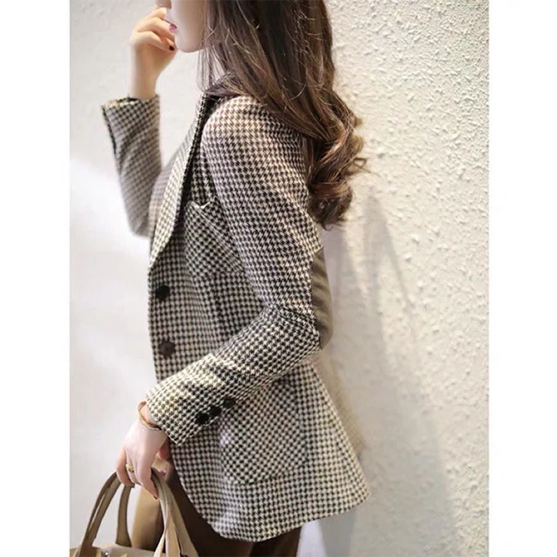 Autumn Winter Oversized Office Lady Elegant Fashion Houndstooth Print Blazer Outwear Women Loose Casual All-match Woolen Suit