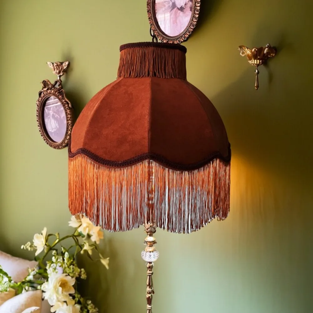 Medieval Retro Fringed All-copper Floor Lamp French Dining Room Living Room Bedroom Fabric Decorative Brass Lamp