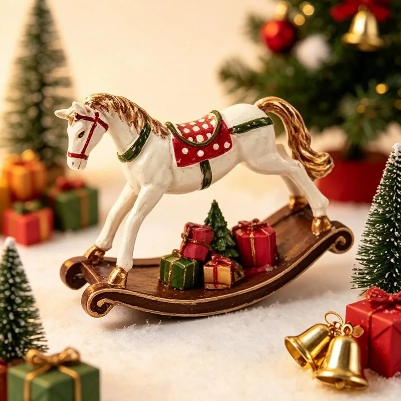 Christmas Decoration Gift Resin Rocking Horse Wooden Horse Home Living Room Bookshelf Room Decoration Ornament Gift