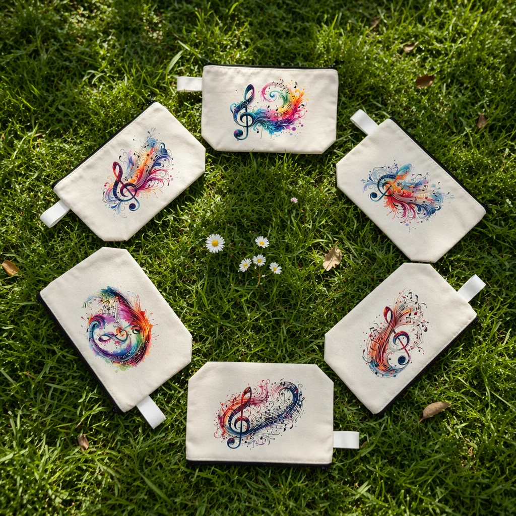 Women's Staffer Canvas Zipper Stationery Bag Fun Watercolor Music Zipper Stationery Bag Youth Fashion Design Women Cosmetic Bag