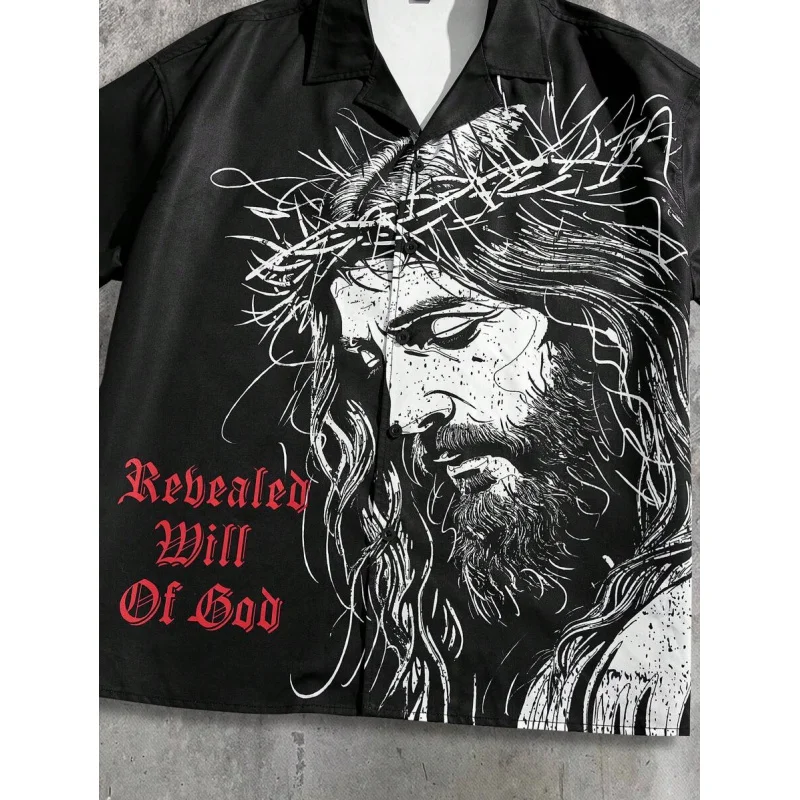 Summer streetwear for men, men's digital-print loose-fit short-sleeved shirt, 3D Jesus full-body print