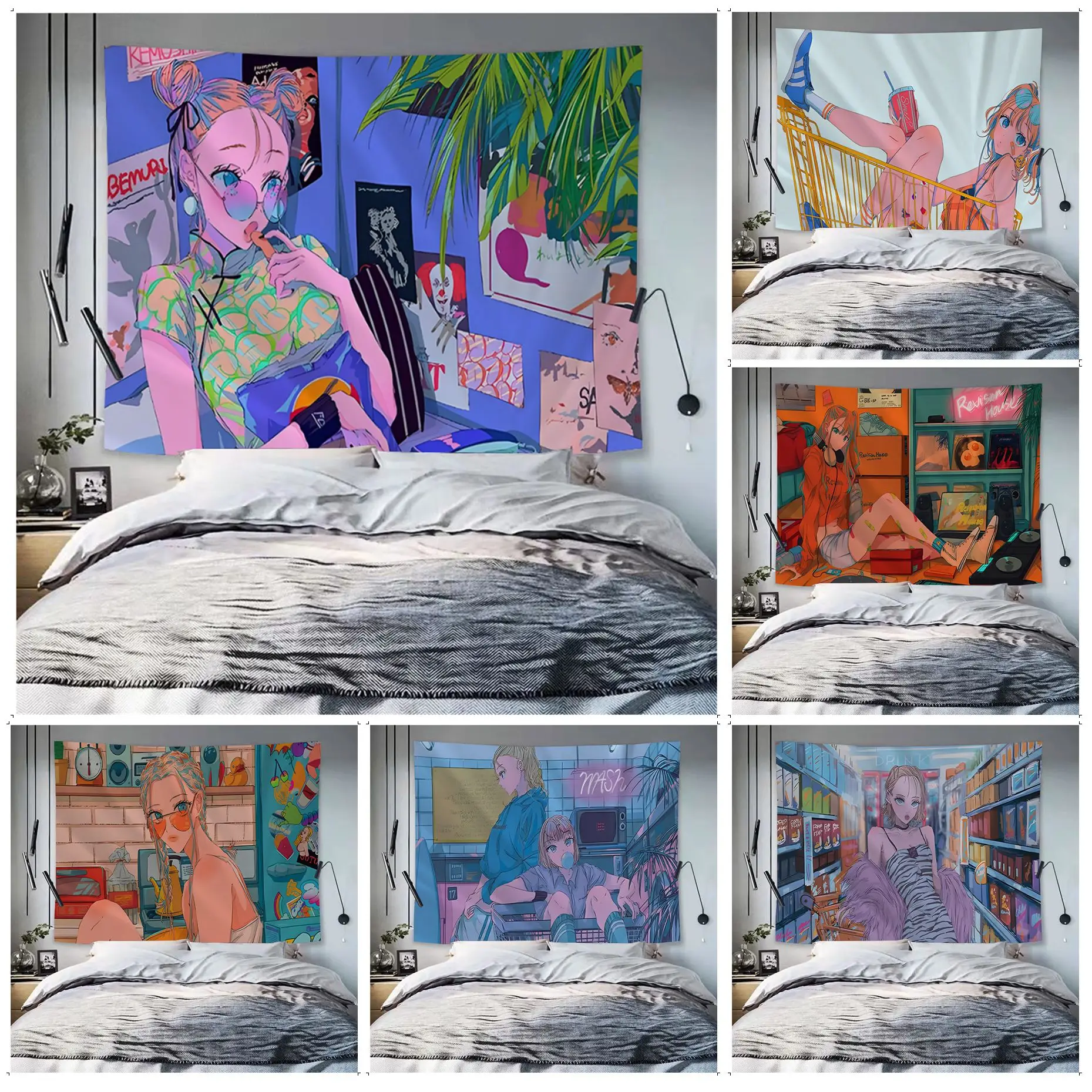 

Cartoon Girl Colorful Tapestry Wall Hanging Hanging Tarot Hippie Wall Rugs Dorm Wall Art Decor