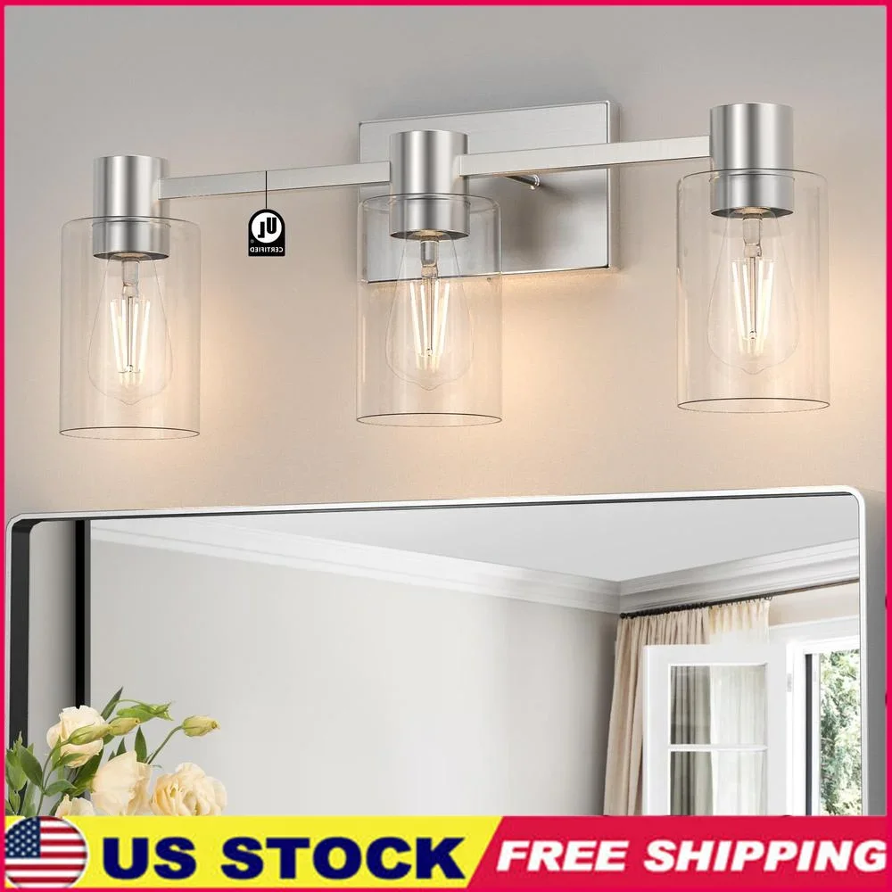 

3-Light Brushed Nickel Wall Sconces Bathroom Vanity Light Fixtures Over Mirror with Clear Glass Shade E26 Base Easy Installation