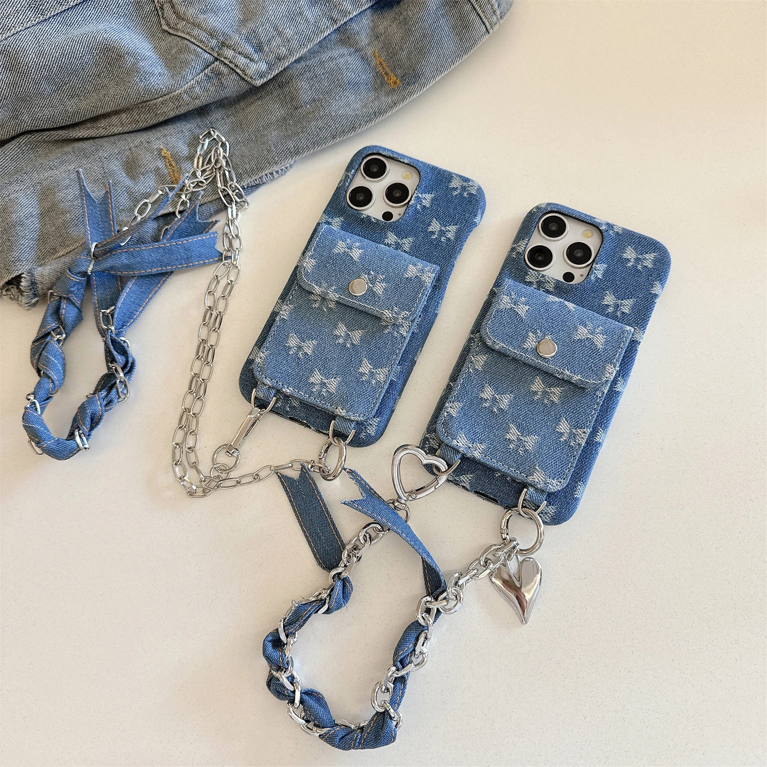 Comes with a chain card bag Cowboy fabric bow pattern for IPhone 15Pro 14 14Promax 14Pro 13Pro 13 13Promax 12Promax Soft shell