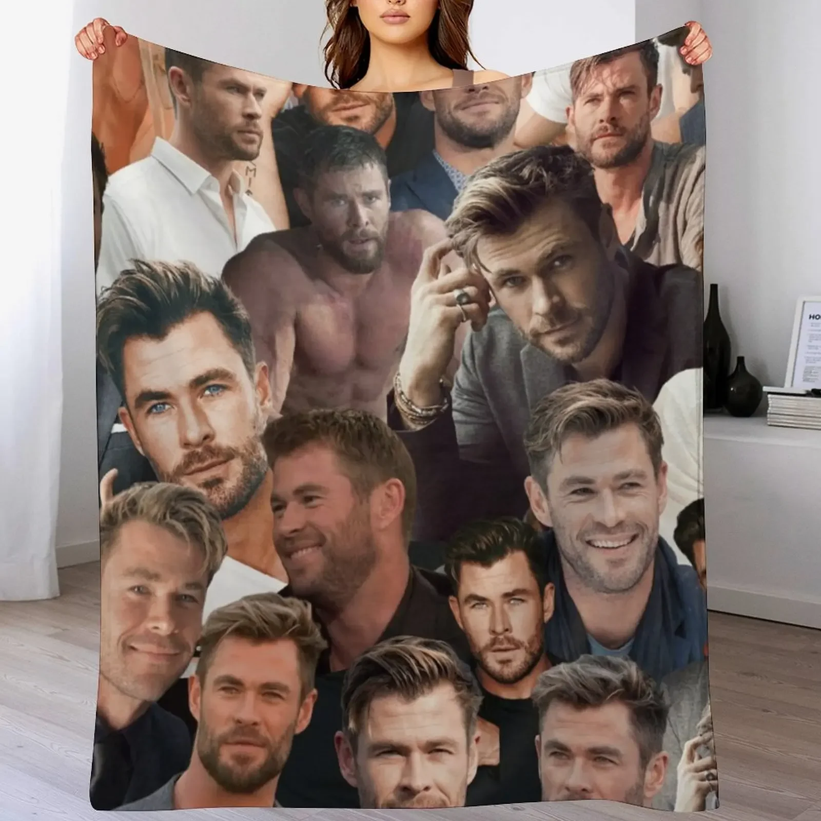 Chris Hemsworth photo collage Throw Blanket Machine Washable Soft Warm Blanket