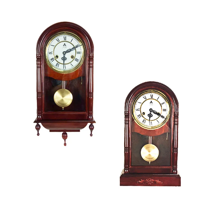 New Chinese Style Antique Wall Clock Living Room Feng Shui Solid Wood Mechanical Desk Clock Brass Movement