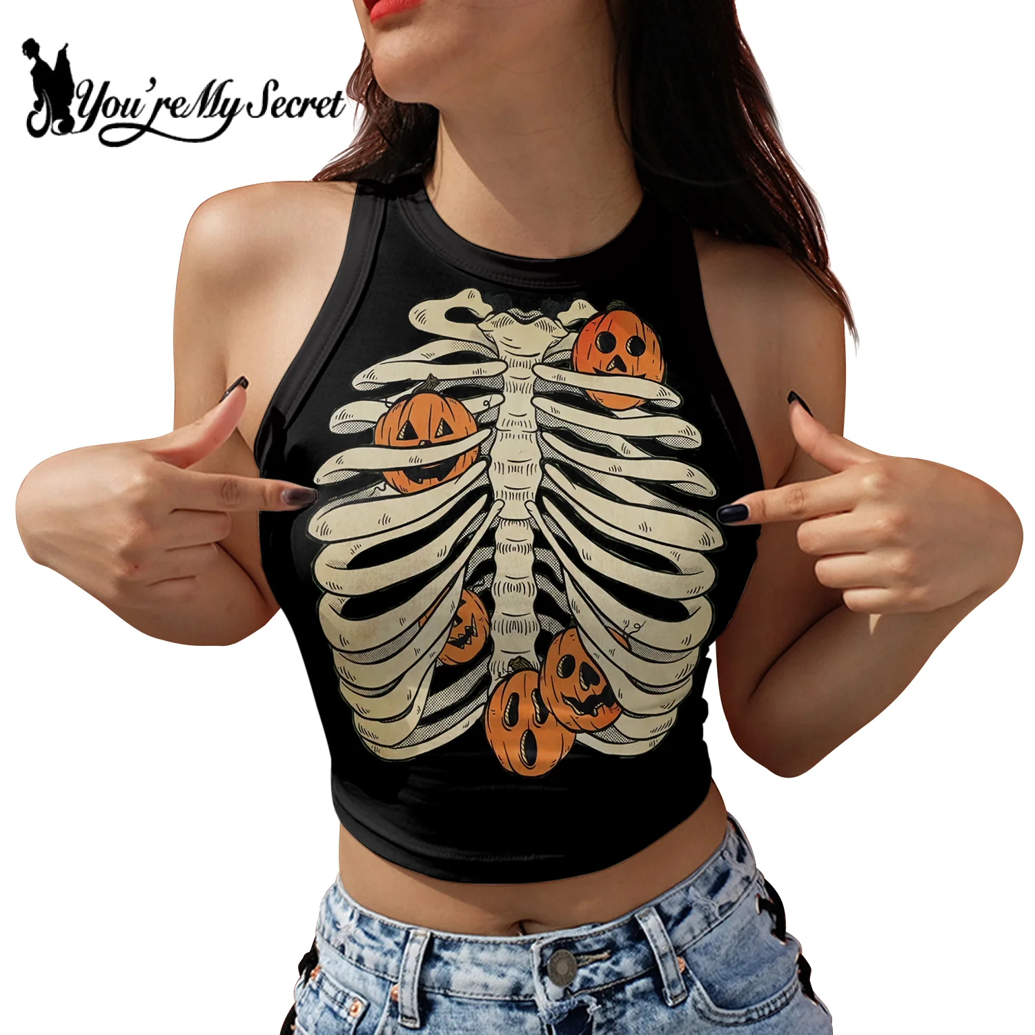 [You\'re My Secret] Halloween Women Summer Sleeveless Crop Top Y2k Gothic Skeleton Pumpkin Printed Streetwear Fitness Tops Tees