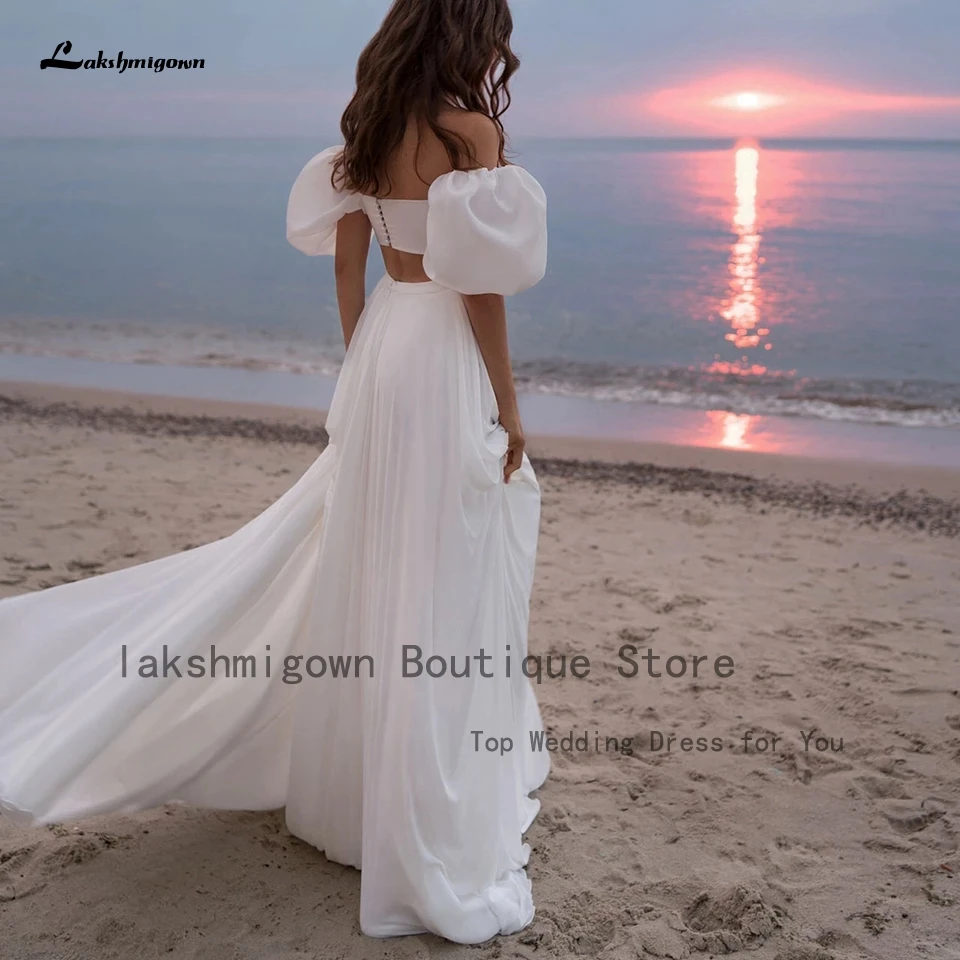 Lakshmigown Two Piece Beach Wedding Dress Short Puffy Sleeves 2023 Vestido White Chiffon Sexy Bridal Gowns Side Slit