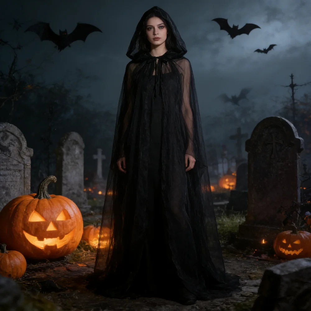 Black Bridal Shawl Witch Cosplay Cloak Halloween Cape Game Party Costume Props Holiday Dress Up Vampire Costume