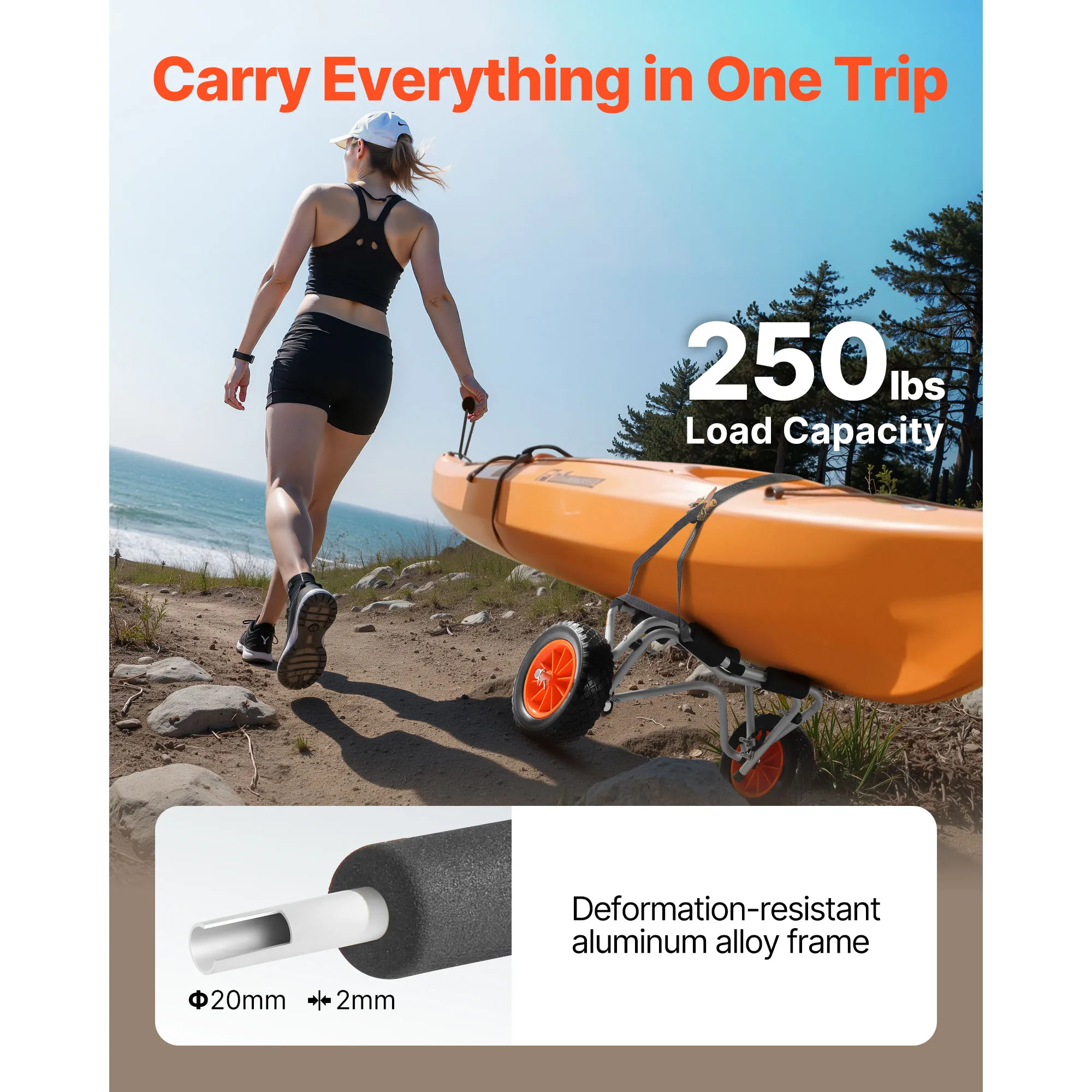 Kayak Cart, 250 lbs Load Capacity, Foldable Kayak Trolley with 10-inch Solid Rubber Tires & 1 Ratchet Strap, Paddle Board Trolley for Carrying Kayaks, Canoes, Paddleboards, Float Mats, Jon Boats