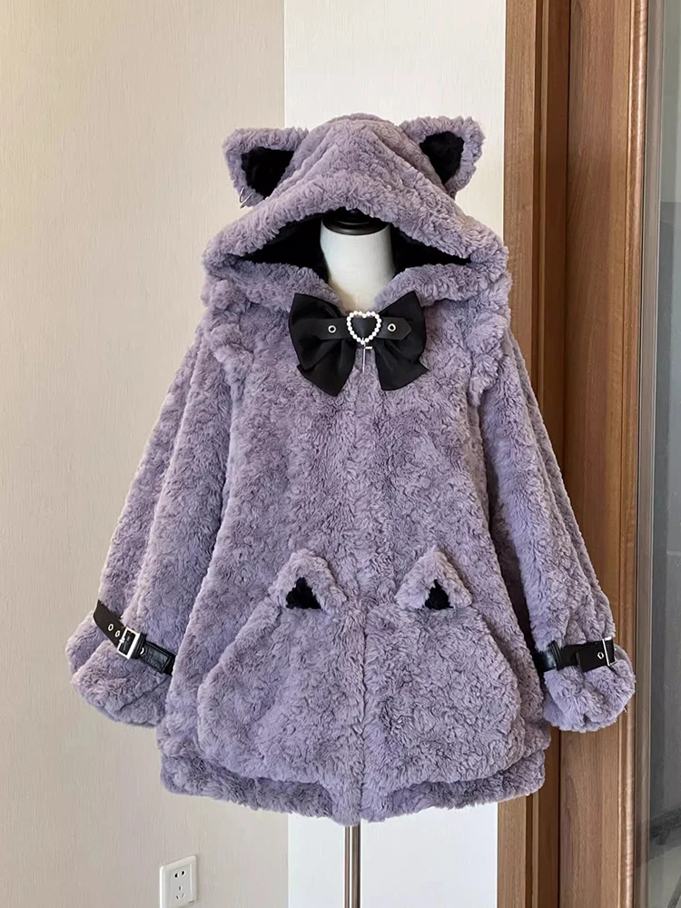 

Женское зимнее теплое хлопковое пальто в стиле Лолиты с милыми ушками и капюшоном, маленький размер, японское Sle Faion