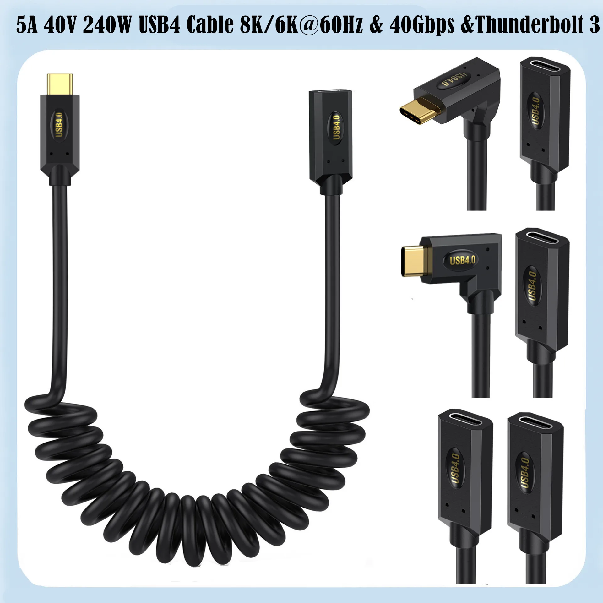 USB 4 Type-c To C Male Female Extension Date Cable 40Gbps 8K60HZ Thunderbolt 3 / 4 240W 5A 40V Fast Charge Spring Retractable