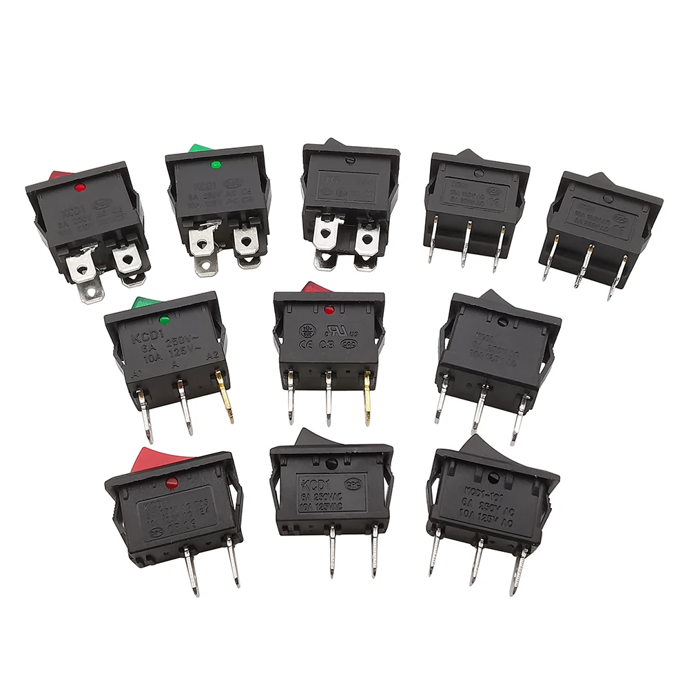 5/10Pcs KCD1 2Pin 3Pin 4Pin 6Pin 21x15mm ON-OFF/ON-OFF-ON Boat Car Rocker Switch 6A/250V AC 10A/125V AC Red Green Black