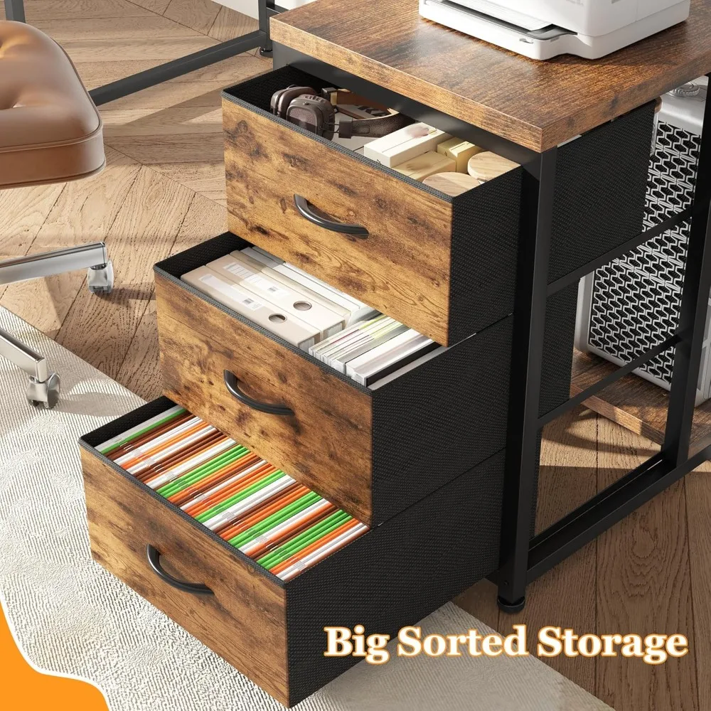 L-Shaped Gaming Desk with LED Lights and Power Outlet, 48-Inch Corner Computer Desk with Drawers, Reversible Office Desk