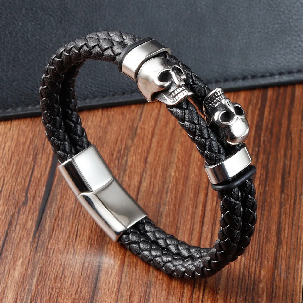 Skull Stainless Steel Bracelet Ghost Head Men\'s Leather Bracelet Braided Bracelet Handmade Multilayer Genuine Leather Bracelet