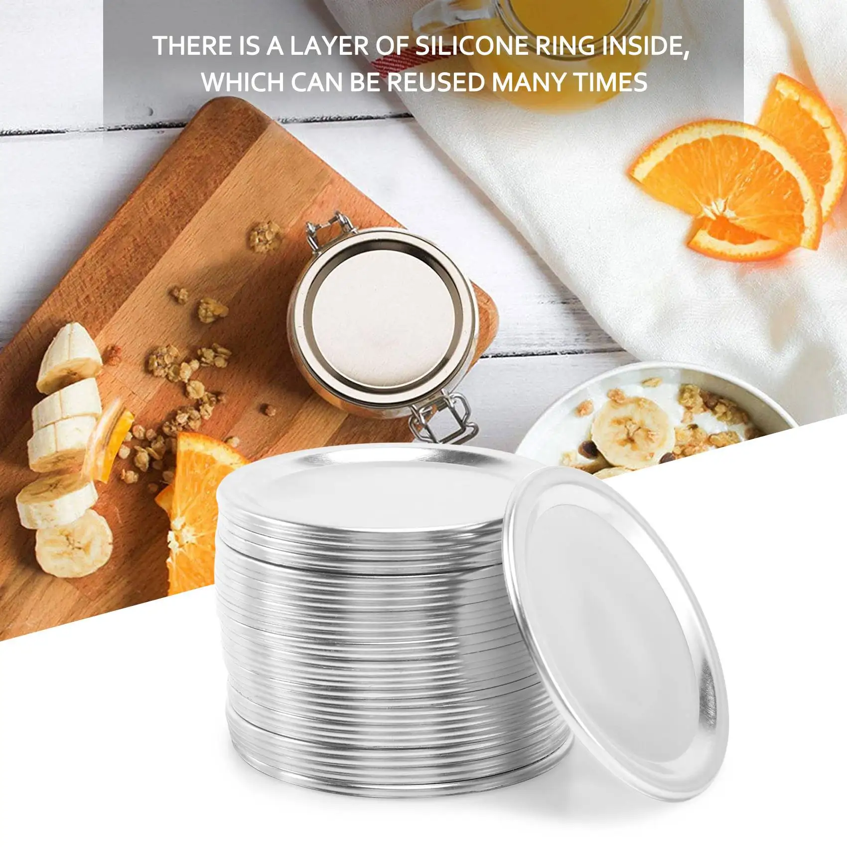 ABVA-100 Pcs Regular Mouth 70MM Jar Canning Lids, Reusable Leak Proof Split-Type Silver Lids With Silicone Seals Rings