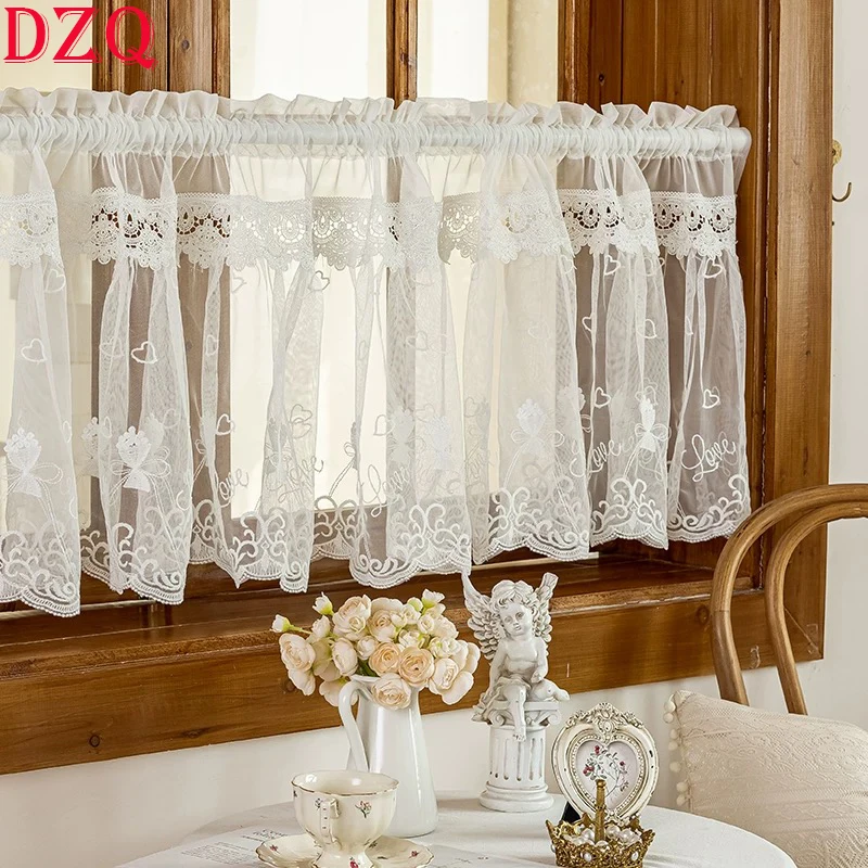 

French White Lace Bouquet Sheer Tulle Short Curtains Living Room Hollow Flowers Embroidery Ruffle Half Curtains for Kitchen #603