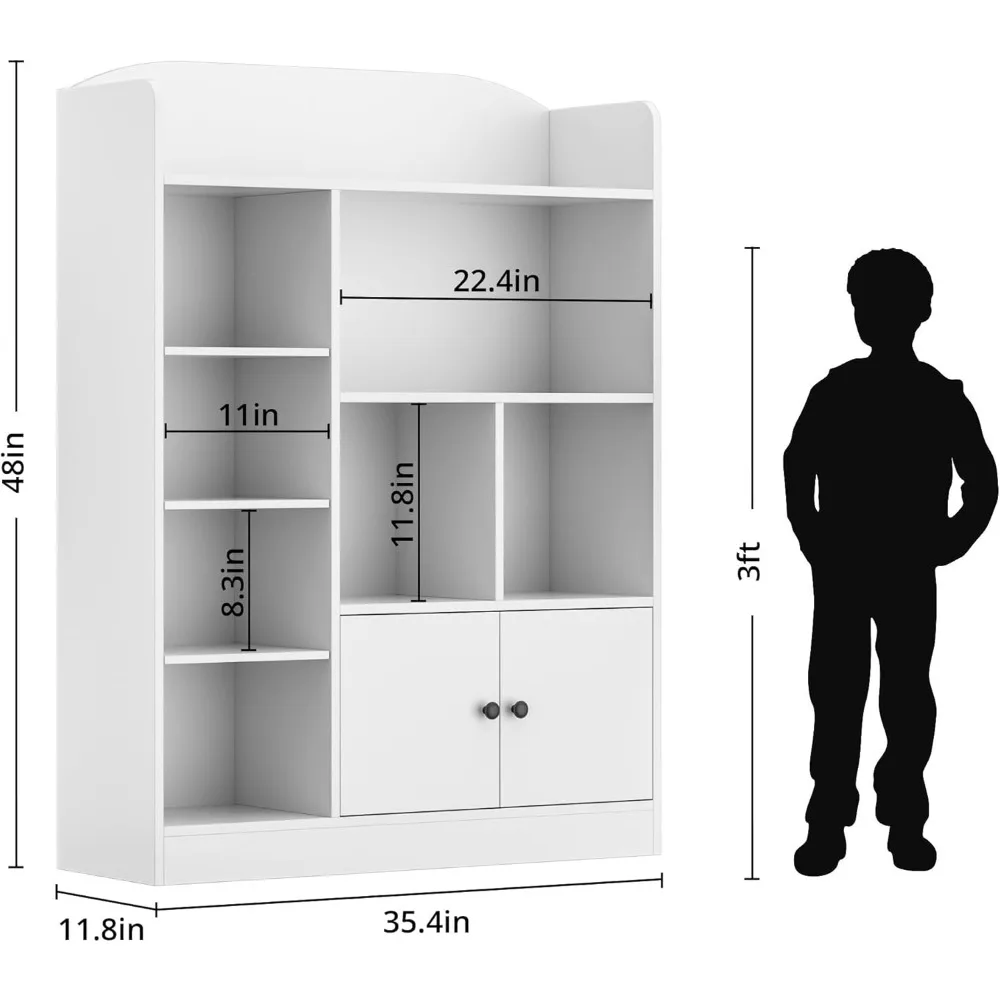 Kids Bookshelf, Kids Bookcase with Cubbies and Cabinets, Freestanding Book Storage Shelves for Bedroom, Playroom, Hallway