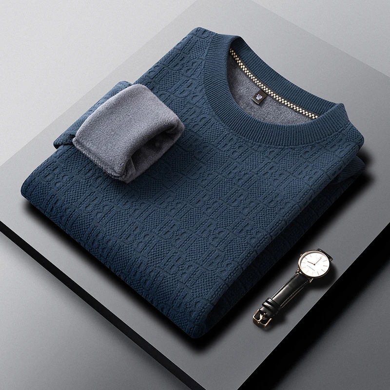 Herren-Pullover mit Rundhalsausschnitt, aus dickem Strick, mit Fleece-Futter, Jacquardmuster, lange Ärmel, weicher, warmer Stoff, für den Innen- und Außenbereich, Winter, Freizeitkleidung. – Detail 8