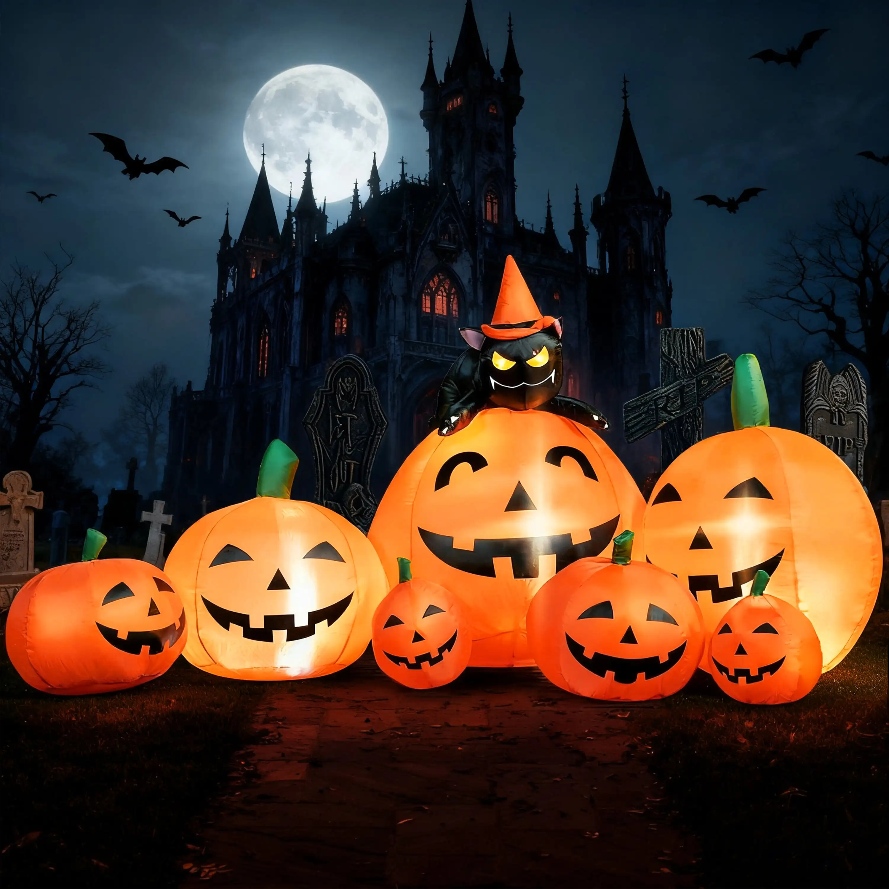 

Joyfy 7-футовая надувная длинная тыква на Хэллоуин с украшениями ведьмы-кошки, надувные игрушки со встроенными светодиодами, декор на Хэллоуин
