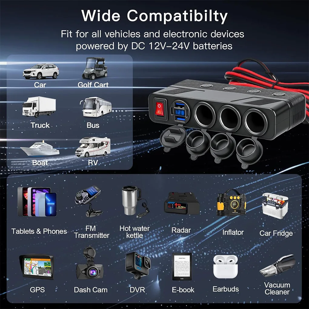Car Power Socket Splitter Indepen-dent Switches Digital Voltmeter 12V/24V Power Outlet For All Car