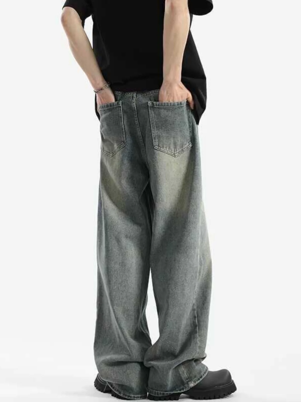 American Sle Retro Waed Men's Denim Pants Spring Autumn New Trendy Brand Casual Loose Long Trousers for Teenagers