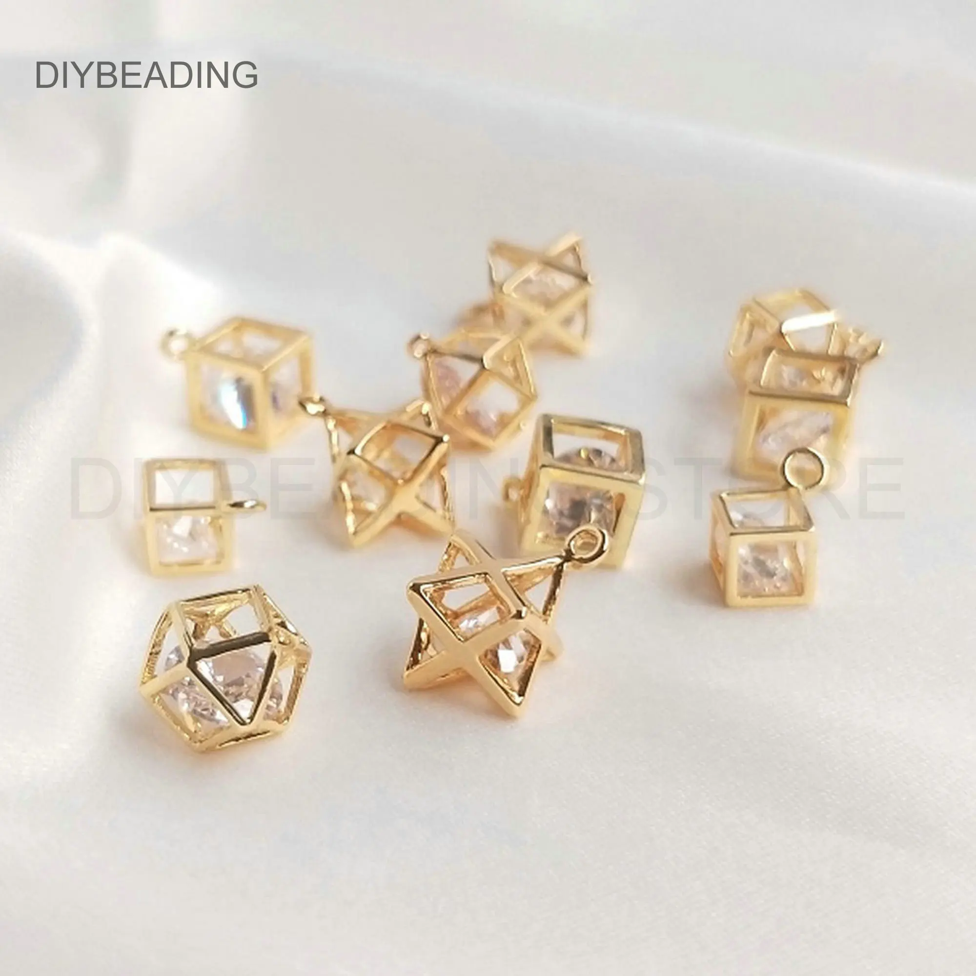 Charms for Jewelry Making 14K Gold Plated Clear Rhinestone Cube/ Diamond/ Star Delicate Pendant Finding Bulk Wholesale Supply