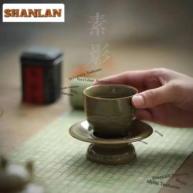 80ml Secret Color Glaze Yue Kiln Teacup Relief Lotus Master Cup with Saucer Kit Tasting Tea Bowl Household Kung Fu Tea Set Gift