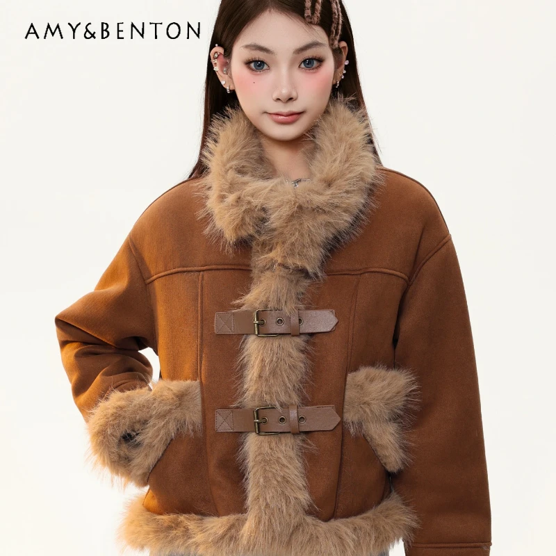 

American Retro Coffee Color Plush Leather Buckle Splicing Women's Jacket Winter New High-end Versatile Fashion Short Coat Ladies