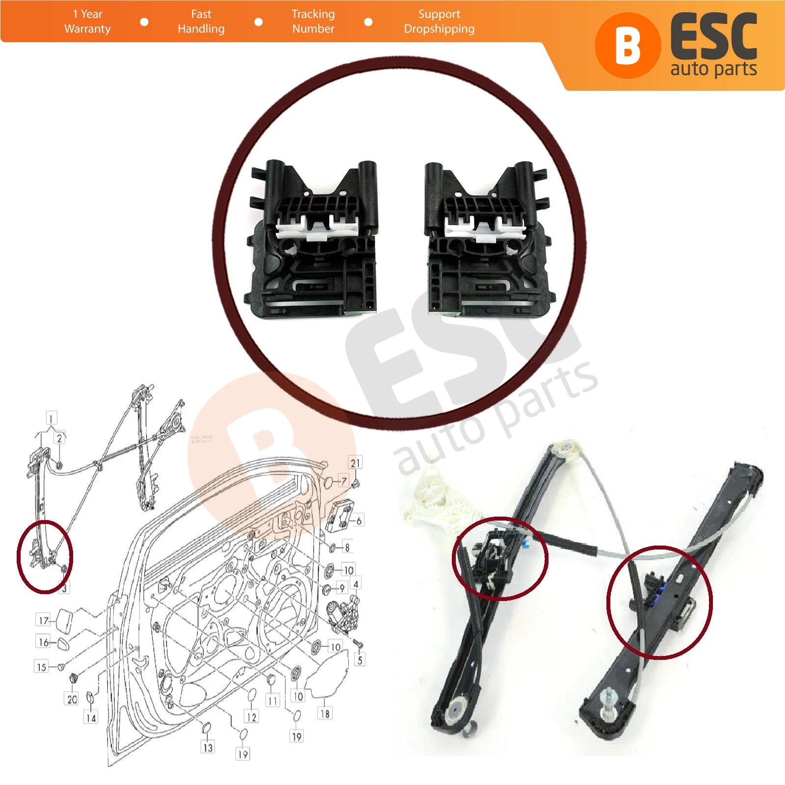 For Audi A3 S3 8V MK3 EWR5419 Electrical Power Window Lifter Regulator Clips Bracket Set Front Left or Right Door 8V4837461 62