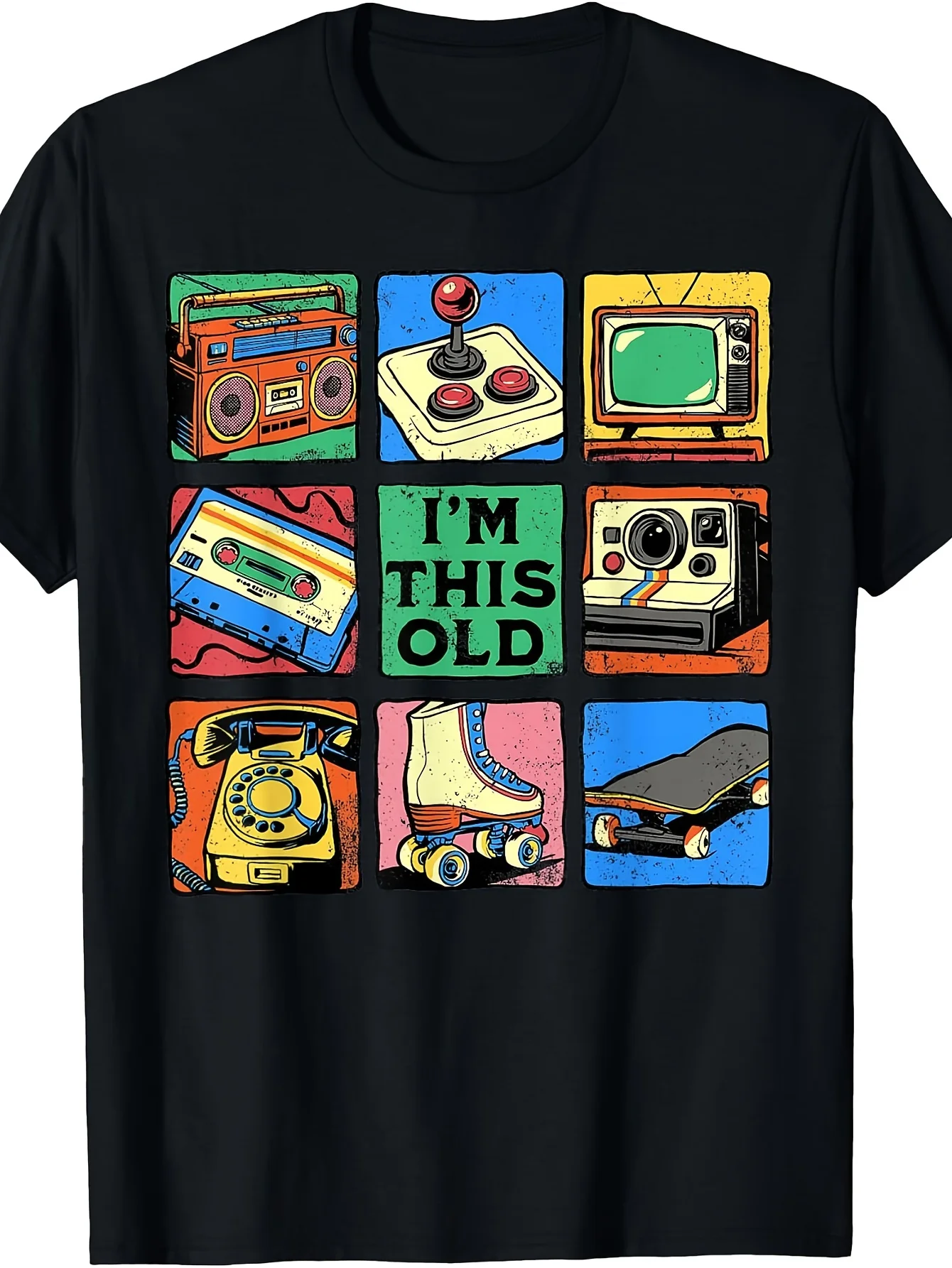 Plus Size Retro Vintage Print T-Shirt - Featuring Retro Boombox, Game Controller, Tv, Cassette Tape, Camera, Rotary Phone, Roller Skates, Skateboard Designs, Fun 