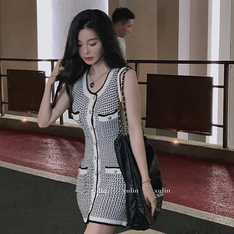 Houndstooth Buttock Pocket Knitted Sleeveless Women\'s Mini Dress Loose Tank 2024 Summer Sexy Elegant Small Fragrant Sweet Lady