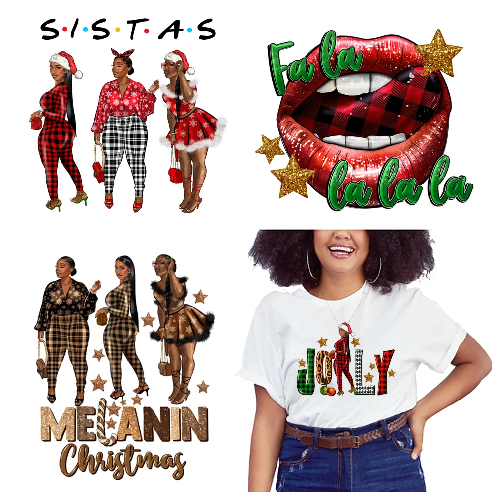 Afro Girl Melanin Christmas DTF Printing Iron on Decals Heat Transfers Stickers for Bags Jacket