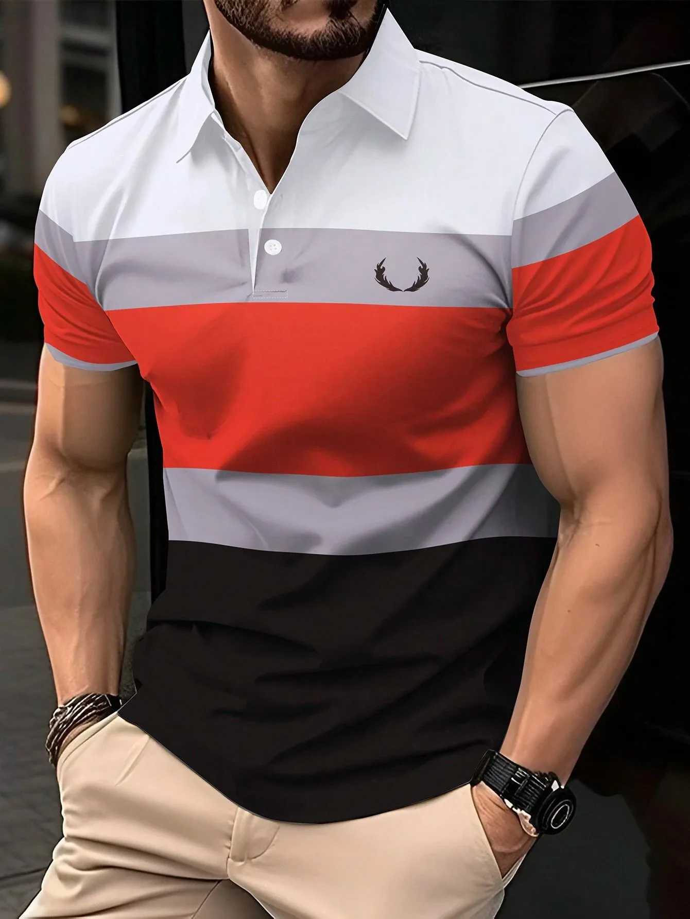 2024 New men\'s minimalist striped summer short sleeved lapel 3D digital printed polo shirt for men\'s business and leisure tops