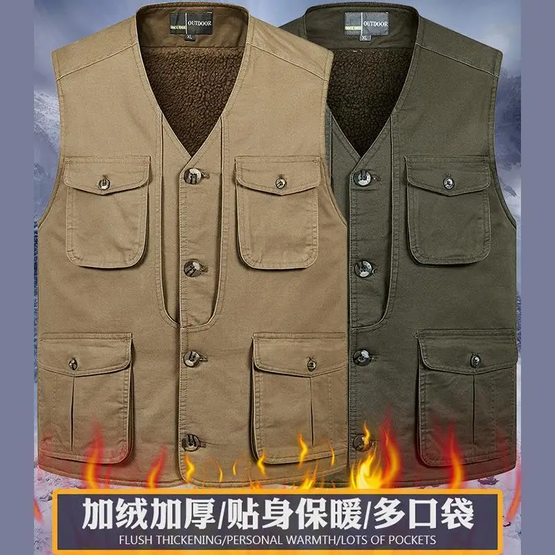 Thickened Lamb Wool And Plush Warm Vest With Multiple Pockets Men Pure Cotton Vest Workwear Outdoor Group Clothing Printed Logo