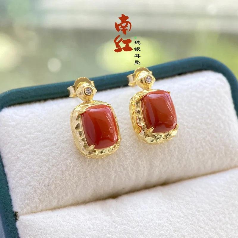 

Natural Full S925 Sterling Silver Inlaid Rectangular Red Earrings Jewelry