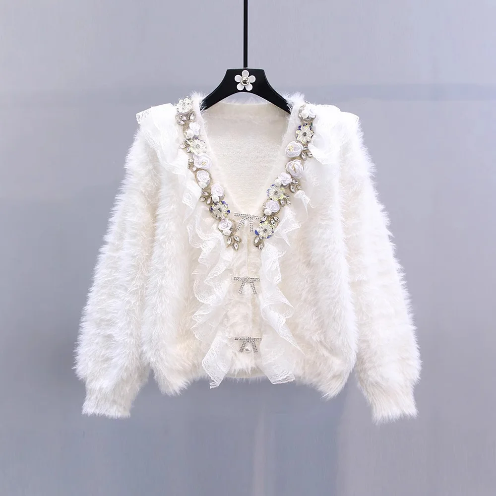 3D Flower Studded Pearl Studded Pleated Velvet Sweater V-neck Single Breasted Warm Soft Jacket Women's Autumn Winter Knitted Top