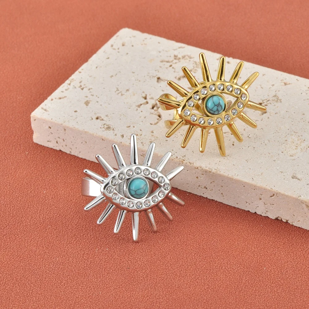 JeeMango Edelstahl-Ringe mit türkisfarbenem Zirkon und Teufelsauge für Damen, vergoldet, rostfrei, Fingerschmuck, Party-Geschenk, R26017 – Detail 4