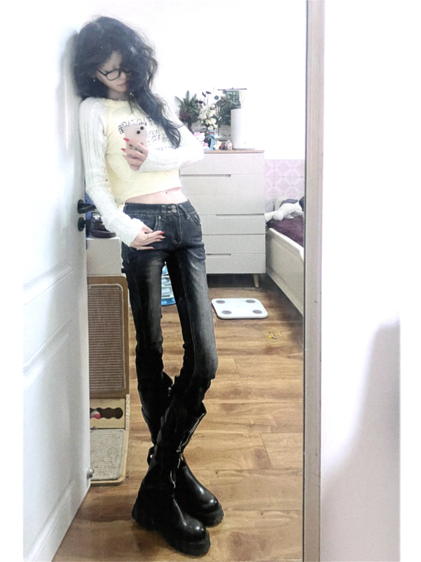 

Retro American Black Slim Fit Jeans Women's Extended Low Waist Sexy Pencil Nine Point Cotton Casual Spring Ladies Jeans