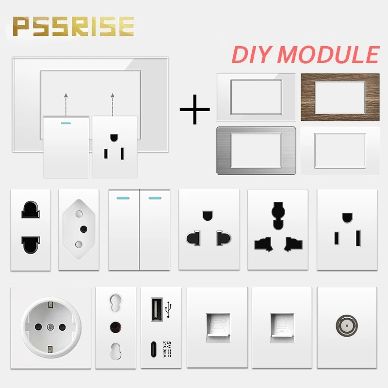 

Модуль PSSRISE 1/2 1/4, стандарты Мексика, США, ЕС, свободная комбинация, белый, DIY-выключатель, двойной USB Type-C 2.1A, запчасти для ТВ, панель 118мм*74мм