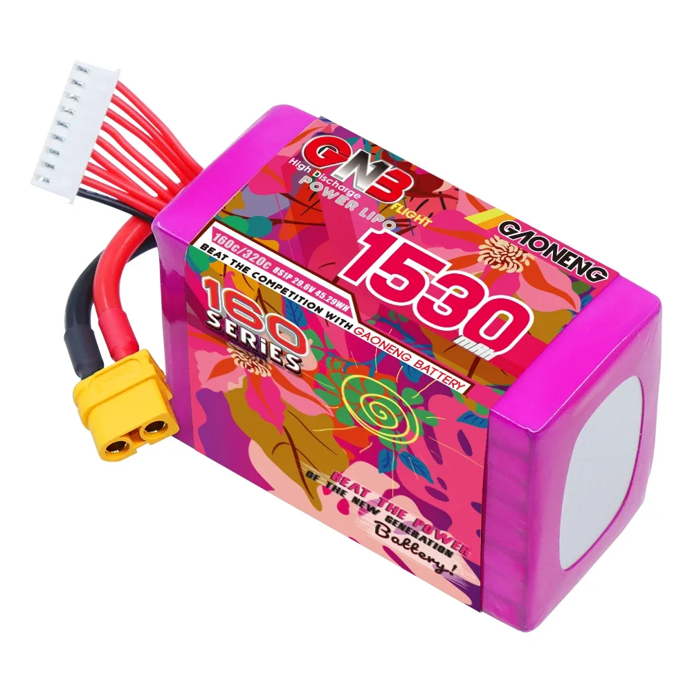 Bateria de lítio GAONENG GNB 8S 29,6V 1530mah 160C com conector XT60, adequada para drones FPV e quadcopters.