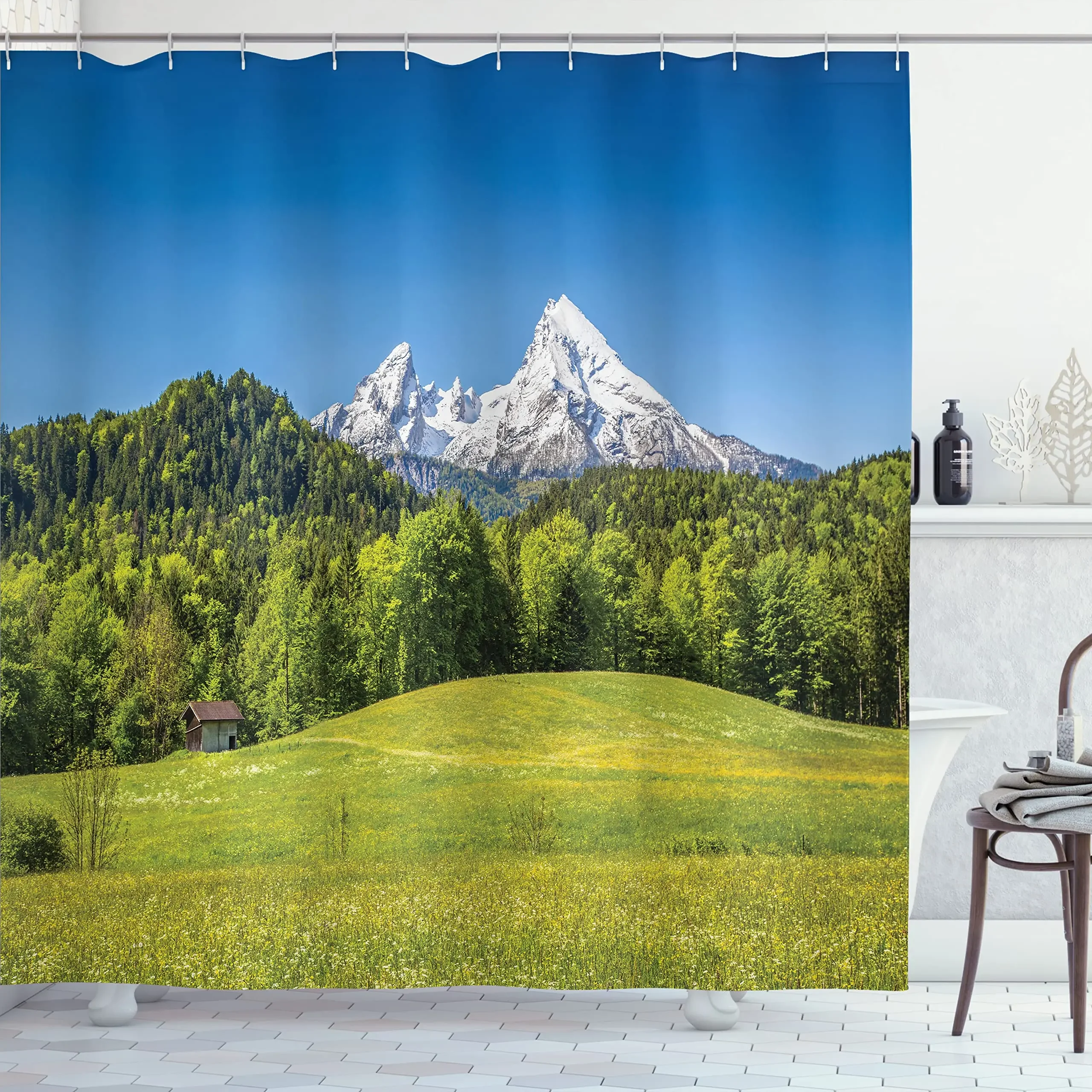European Village Pasture Shower Curtain Sunrise Green Field Bath Curtain Bathroom Waterproof Fabric Bathtub Screen with Hooks