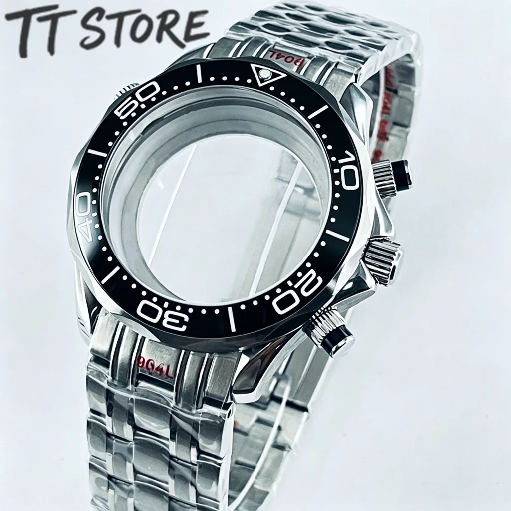 41mm Stainless Steel Watch Mod Case With Metal Bracelet Black Bezel Replacement Parts For VK63 VK64 Quartz Movement