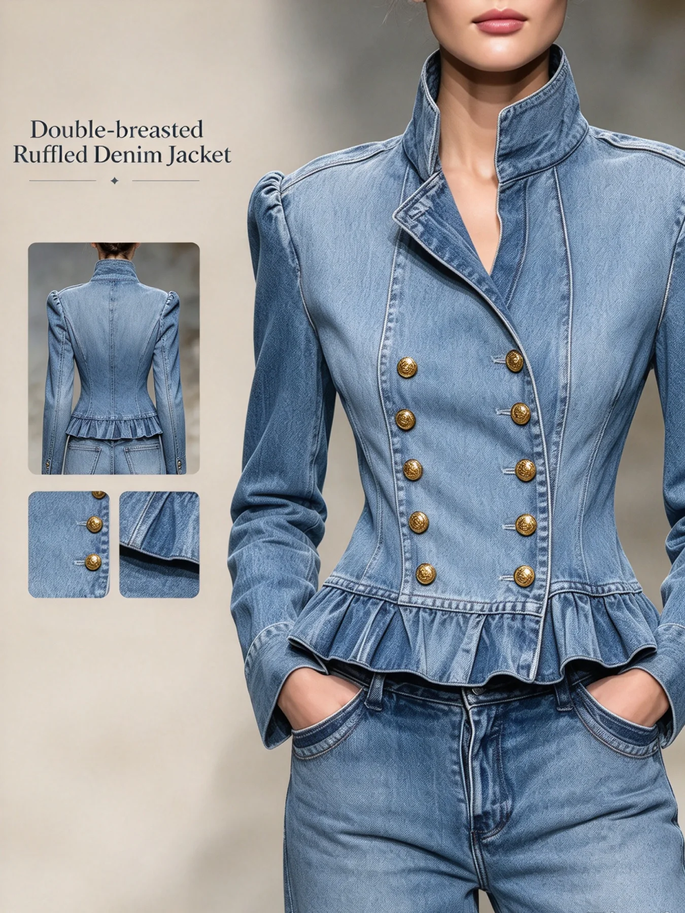 vintage fitted Women Stand Collar Denim Jacket,long sleeves and a double-buttoned ruffled hem design,Elegant and stylish, versatile for all occasions,New autumn women's denim coat
