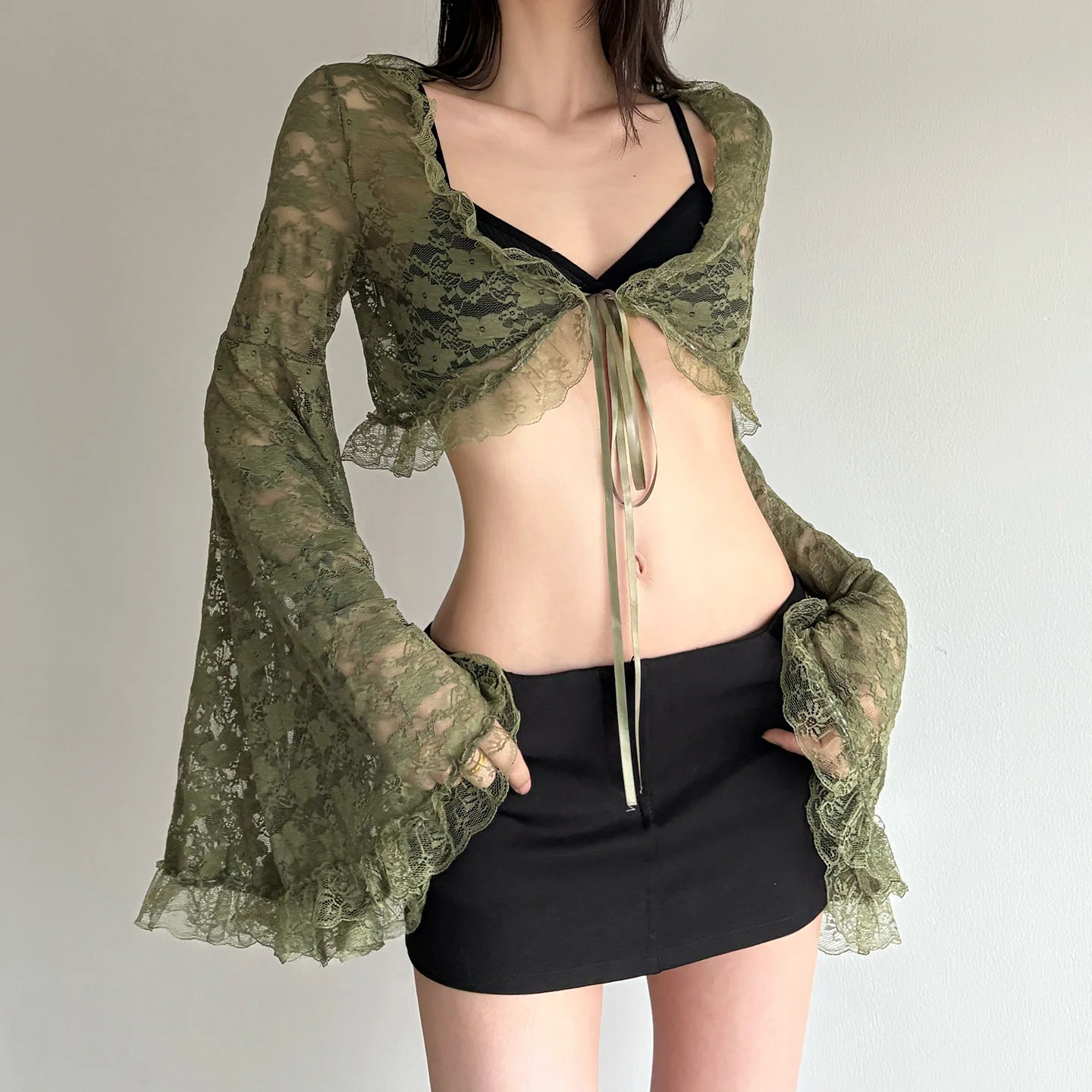 

Women's Olive Y2K Sheer Lace Crop Top with Bell Sleeves Ruffled Tie Front Goth Blouse for Club Party Casual Aesthetic Wear