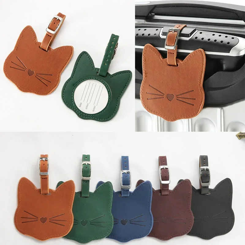 Leather Suitcase ID Address Holders Baggage Boarding Tag Portable Label Cartoon Cute Animal Cat Luggage Tag Travel Accessories